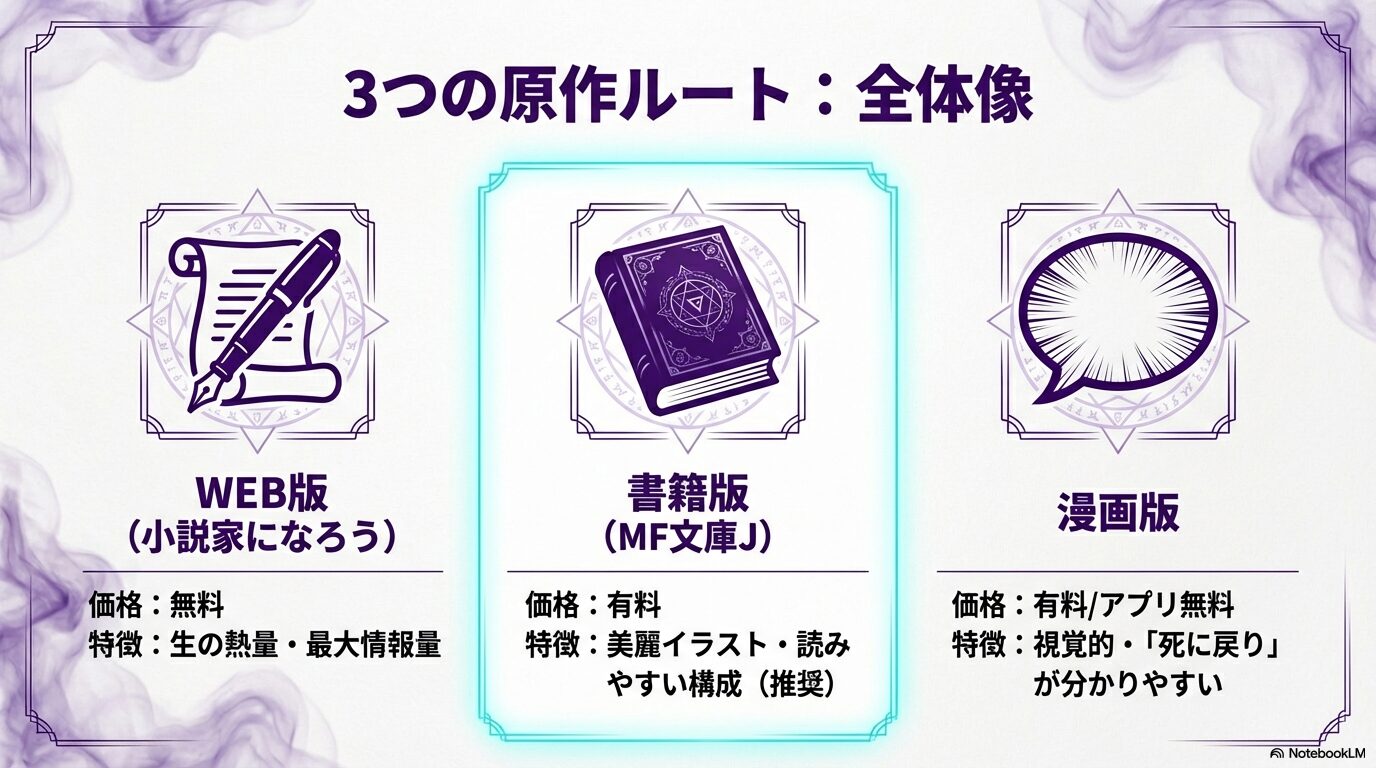 リゼロを読むための3つのルート(WEB版、書籍版、漫画版)それぞれの価格、特徴、おすすめポイントを比較した一覧表スライド。