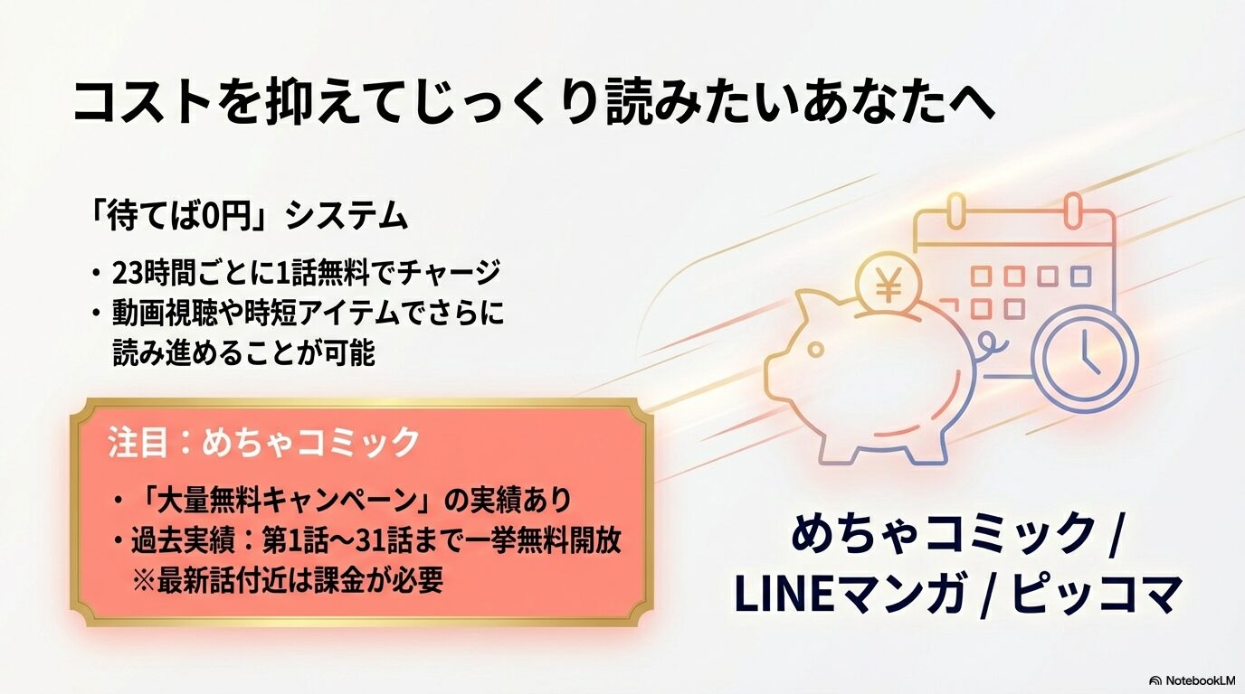 23時間ごとの無料チャージ機能や、過去の1〜31話一挙無料開放の実績紹介。