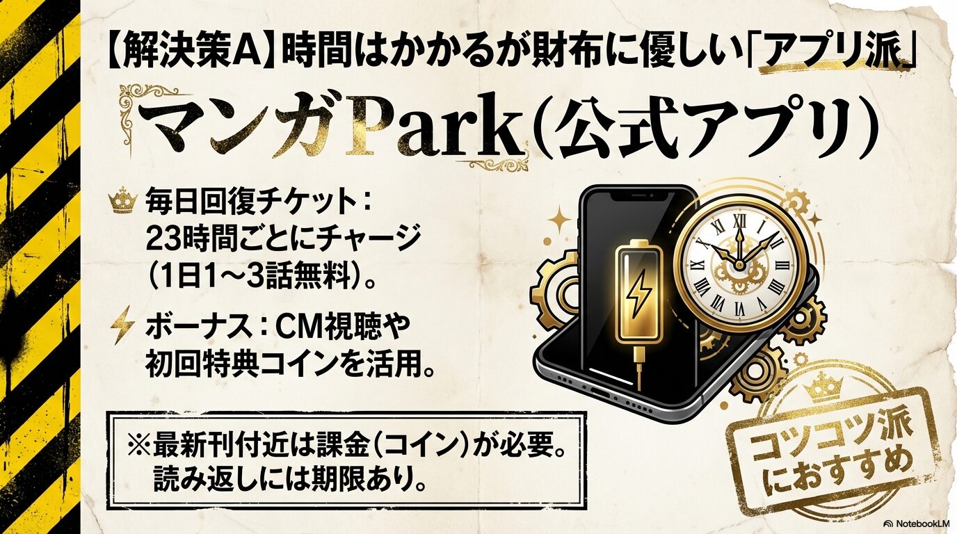 公式アプリ「マンガPark」の毎日回復チケットや23時間チャージの仕組みを解説するスライド