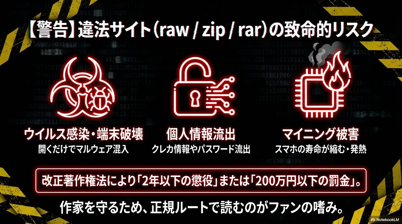 漫画の違法サイト利用によるウイルス感染、個人情報流出、法的な罰則のリスクを警告するスライド