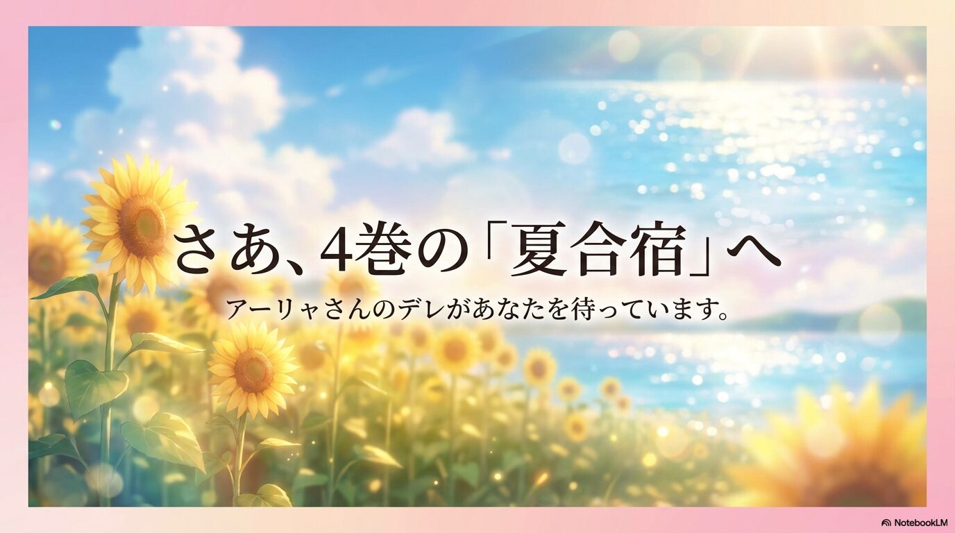 「さあ、4巻の夏合宿へ。アーリャさんのデレがあなたを待っています」というメッセージ画像。