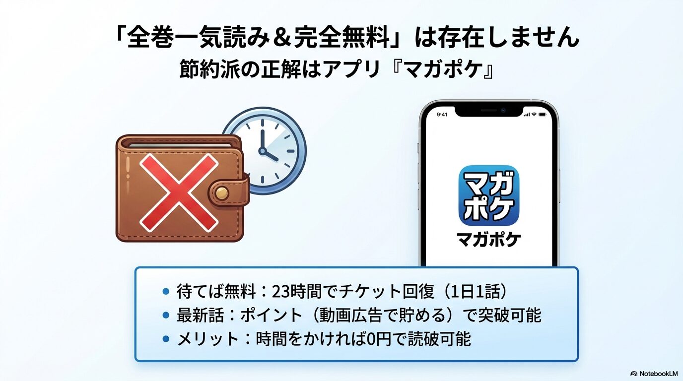 全巻一気読みの完全無料は存在しないが、マガポケのチケット回復や動画広告ポイントで節約して読めることを説明する図解。
