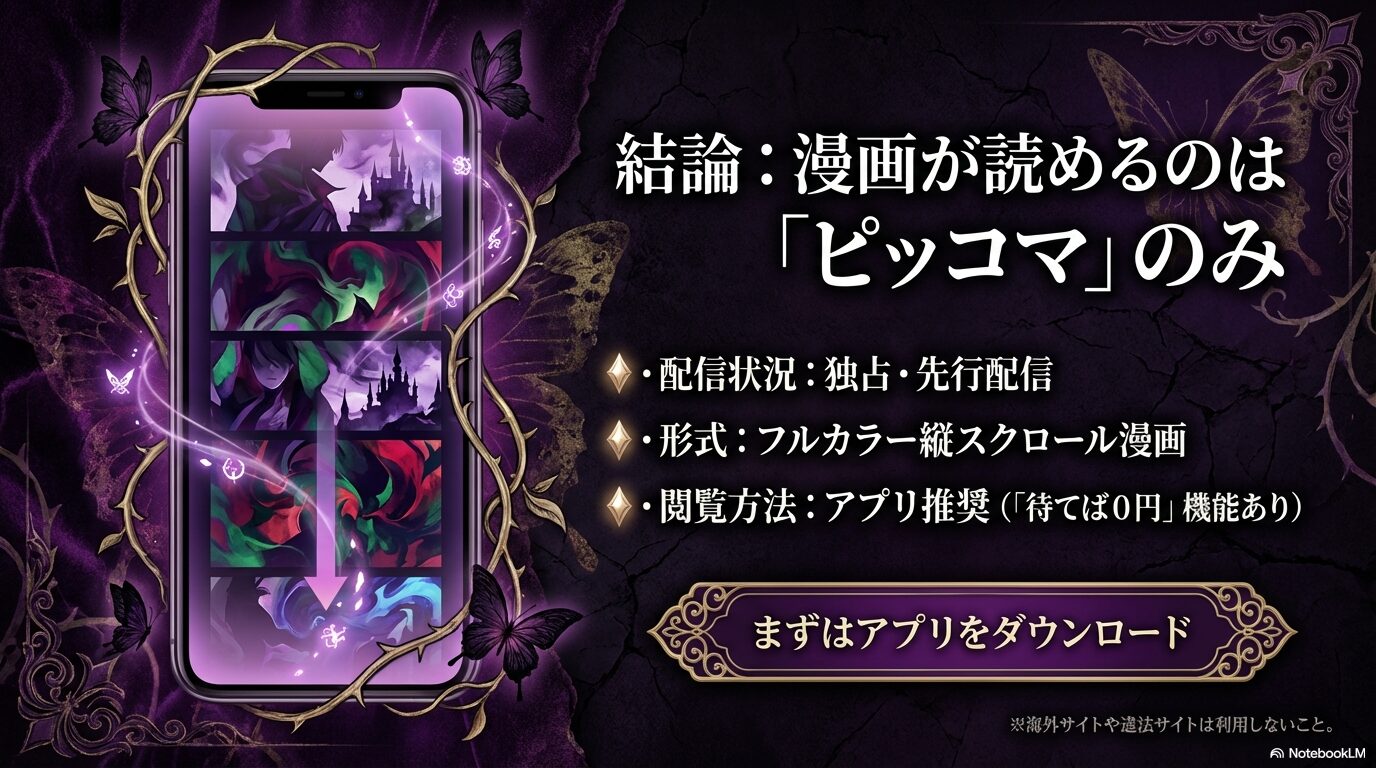 ロクサナの漫画が読めるのはピッコマのみであることを示すスライド。アプリ推奨、待てば0円機能あり。