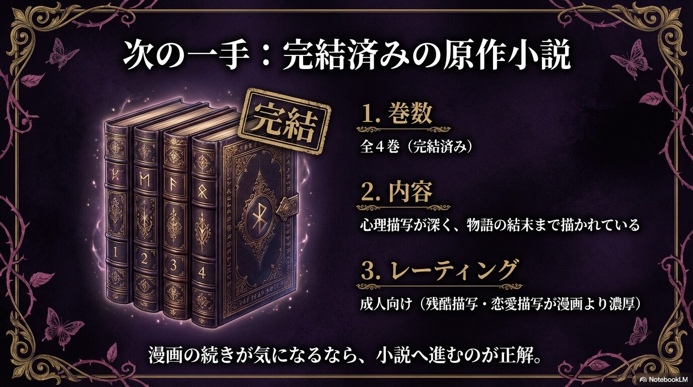 原作小説が全4巻で完結しており、心理描写が深く成人向け描写も含まれることを紹介するスライド