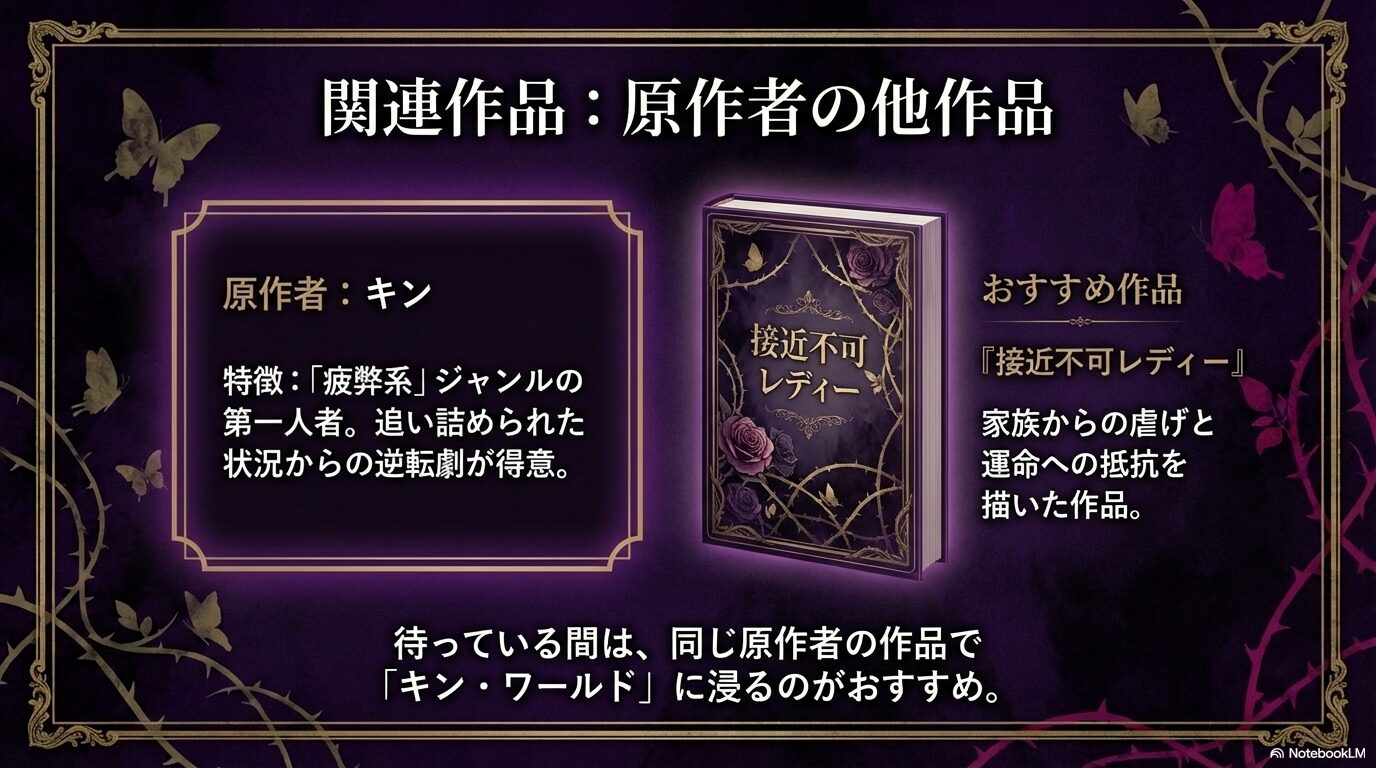 疲弊系ジャンルの第一人者である原作者キン氏の特徴と、おすすめ作品「接近不可レディー」を紹介するスライド