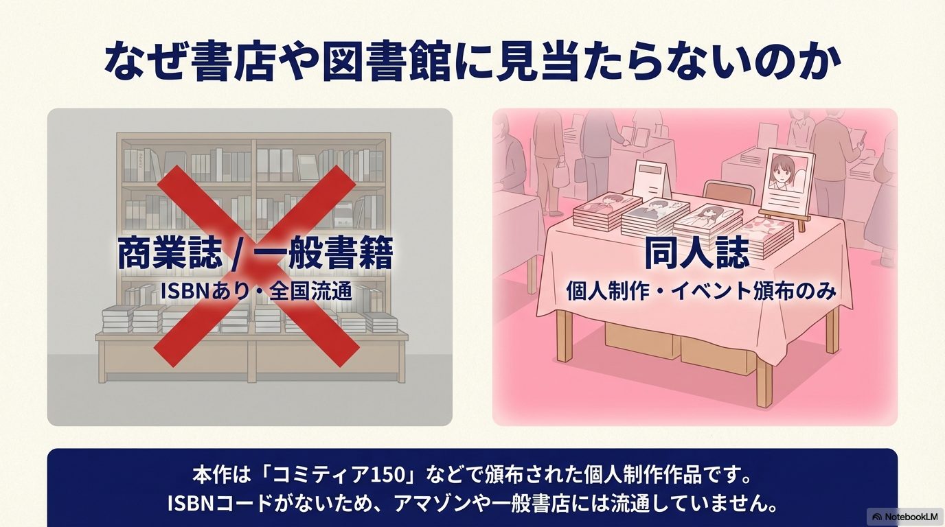 商業誌・一般書籍と「諒とみこと」のような同人誌の違いを比較。個人制作・イベント頒布のみのため書店流通がないことを解説。