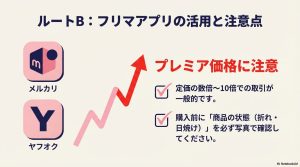 メルカリ・ヤフオクでの取引はプレミア価格になる点や、購入前に商品の状態を写真で確認する重要性を指摘。
