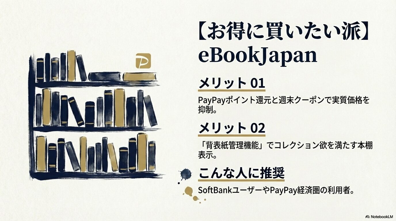 eBookJapanのPayPayポイント還元や背表紙管理機能などの利用メリットをまとめたスライド