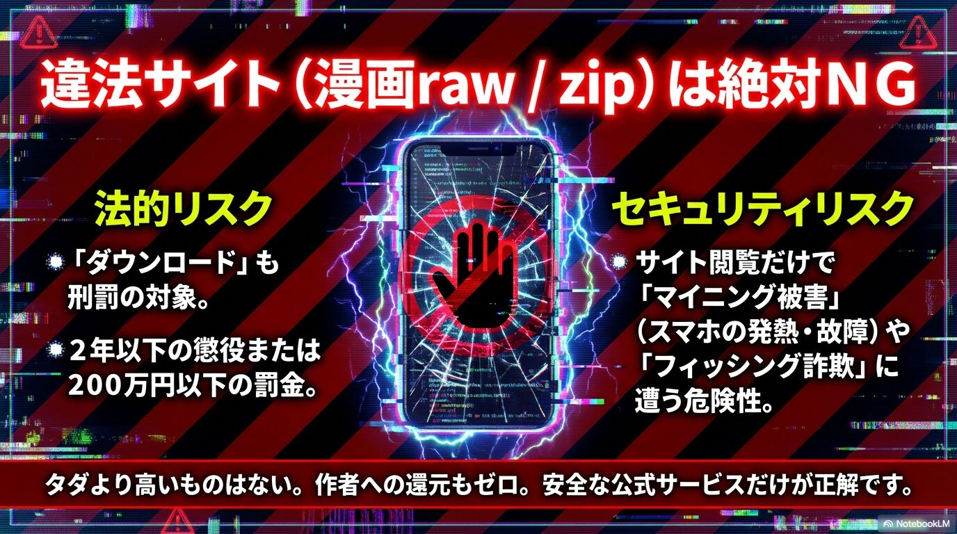 漫画rawやzipなどの違法サイトにおける法的リスク(刑罰対象)とセキュリティリスク(マイニング被害・詐欺)を警告する画像。
