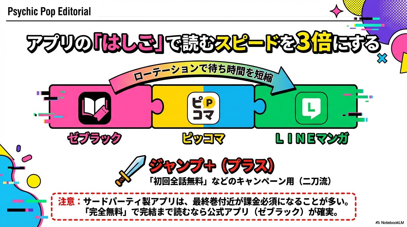 ゼブラック、ジャンプ+、ピッコマ、LINEマンガなどを併用して待ち時間を短縮し、読むスピードを3倍にする方法の解説。