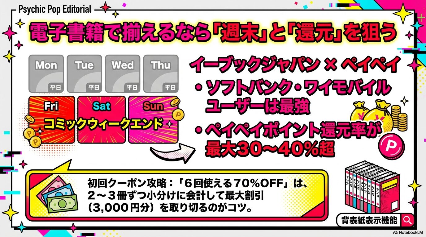 金土日のコミックウィークエンドでPayPayポイント還元率が最大30〜40%超になる仕組みと、初回70%OFFクーポンの小分け会計術の図解。
