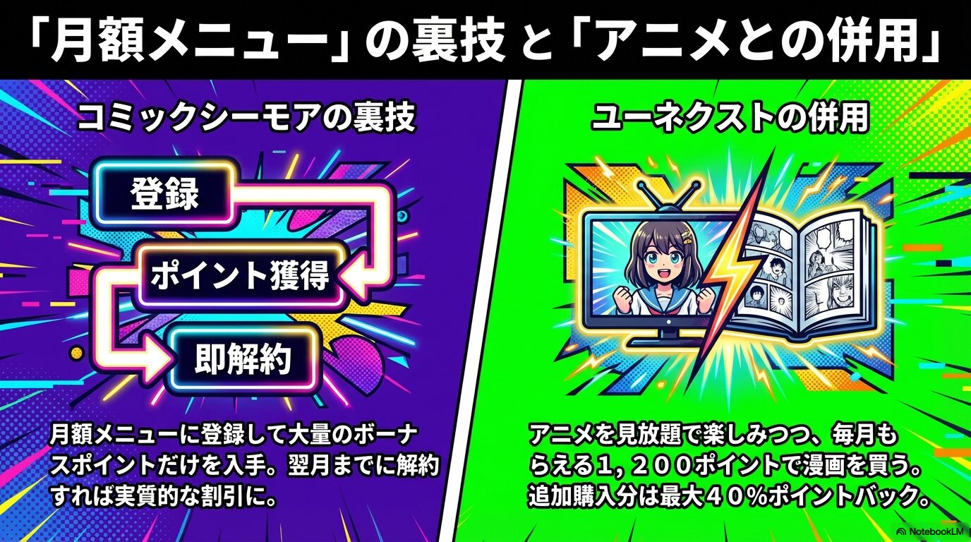 シーモアの月額メニュー登録と即解約でボーナスポイントを得る方法、およびU-NEXTでアニメを見つつ漫画をお得に買う方法の解説。