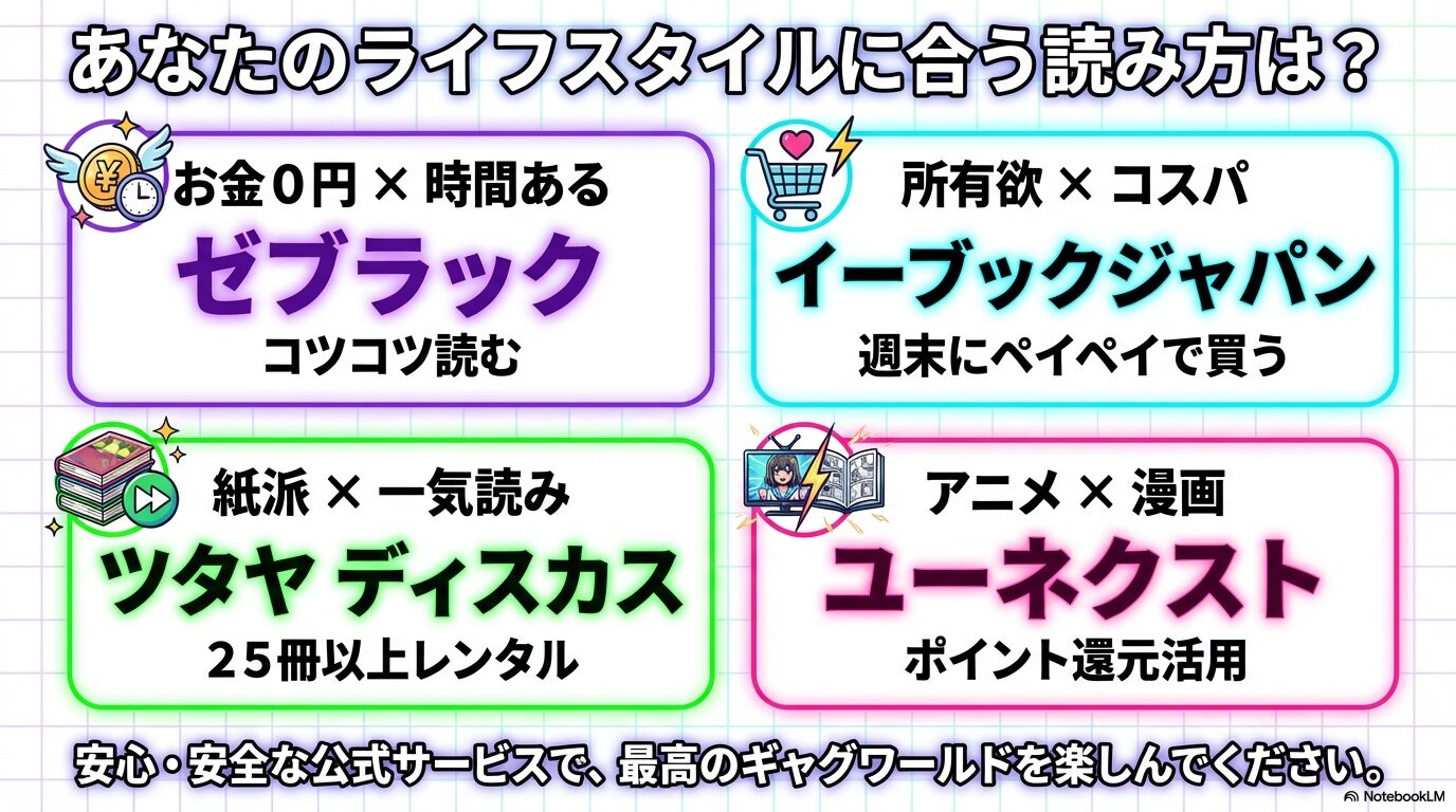 お金・時間・紙派・アニメ派など、ユーザーのライフスタイルに合わせた最適なサービス(ゼブラック、ツタヤ、eBookJapan、U-NEXT)のまとめ図。