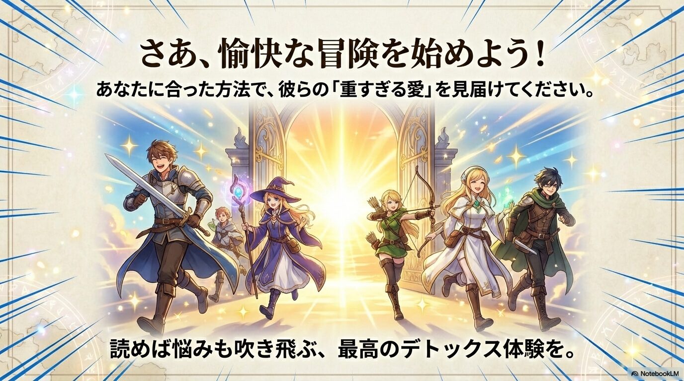 勇者パーティーのメンバーが楽しそうに駆けていくイラストと共に、作品のデトックス体験を勧めるエンディングスライド。