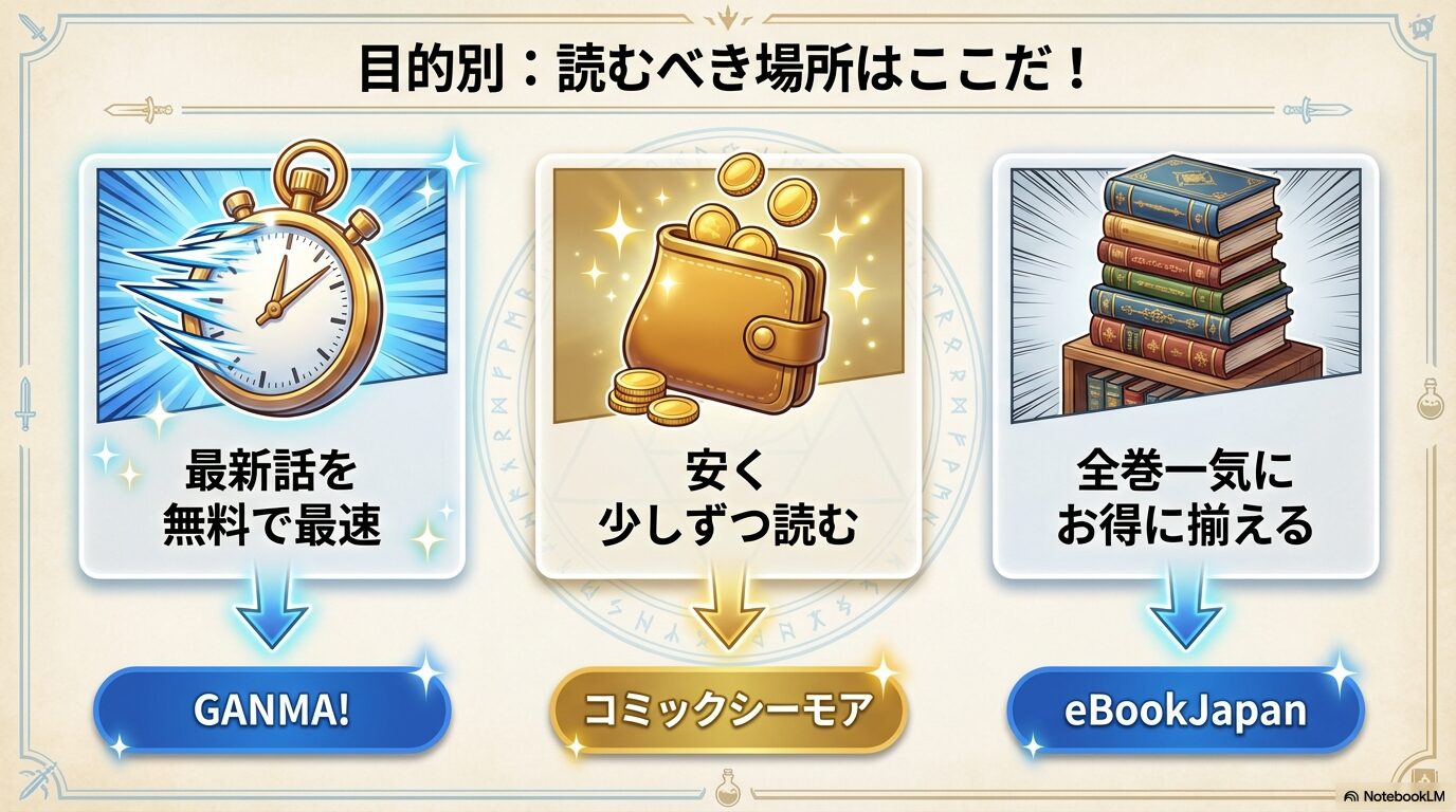 「最新話を無料で」「安く少しずつ」「全巻一気に」という目的別に、GANMA!、コミックシーモア、eBookJapanを比較したスライド。