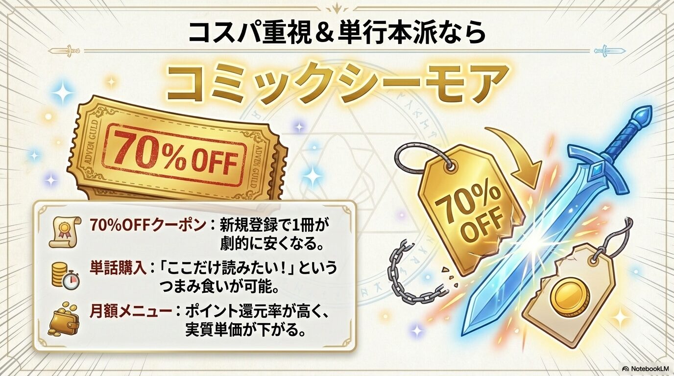 新規登録70%OFFクーポンや単話購入、ポイント還元率が高い月額メニューなど、コミックシーモアのメリットをまとめたスライド。