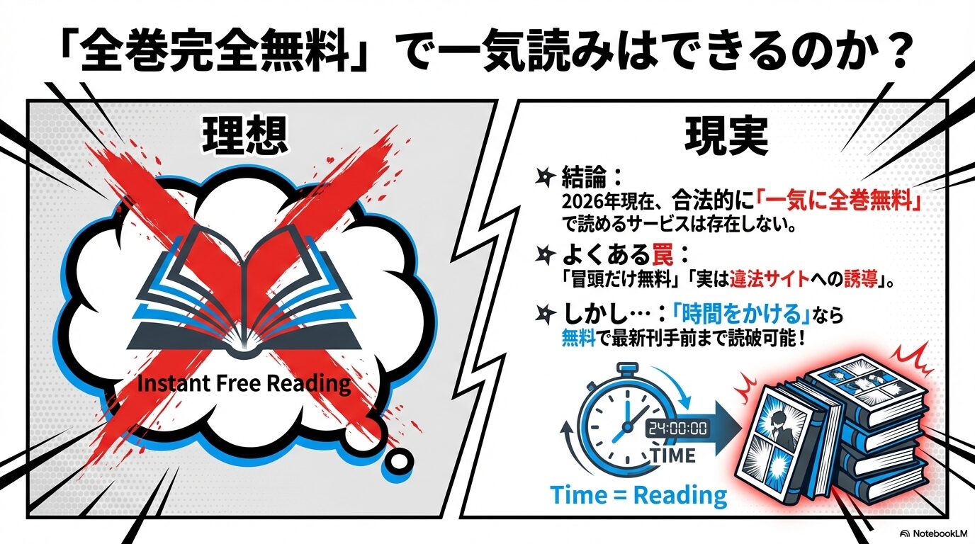 2026年現在、合法的に一気読みできる全巻無料サービスはなく、時間をかけて読むのが現実的な無料読破方法であることを示す比較図