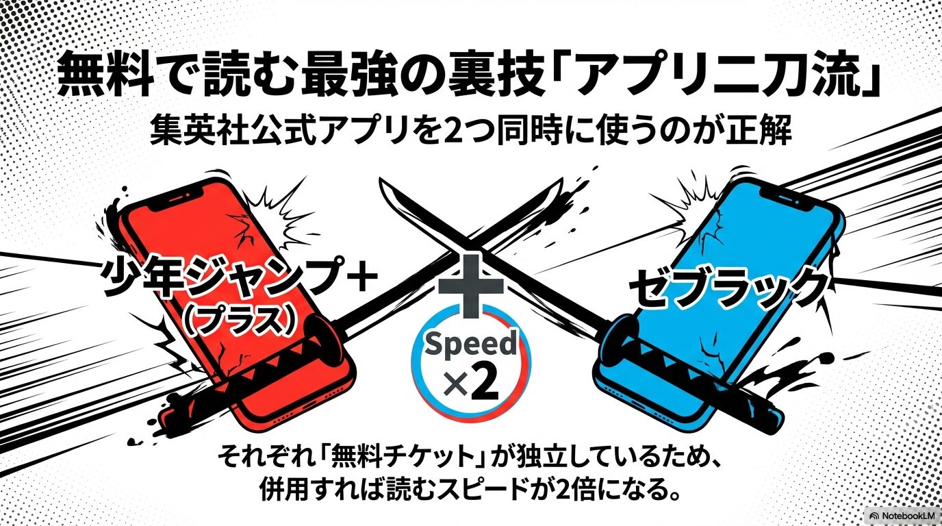 少年ジャンプ+とゼブラックを併用することで、無料チケットが独立しているため読むスピードが2倍になる仕組みの解説図