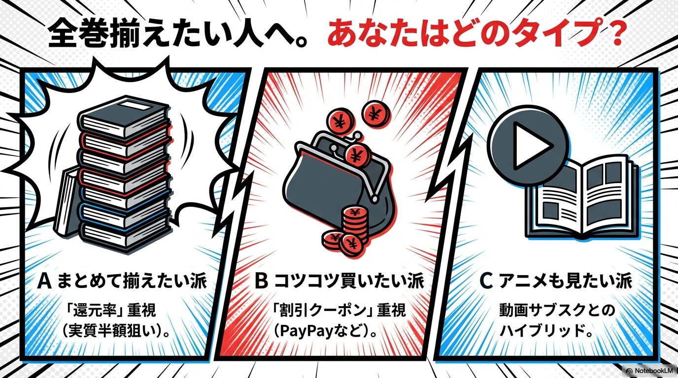 まとめ買い派、コツコツ派、アニメも見たい派の3タイプ別に、重視すべき還元率やクーポンを分類したスライド