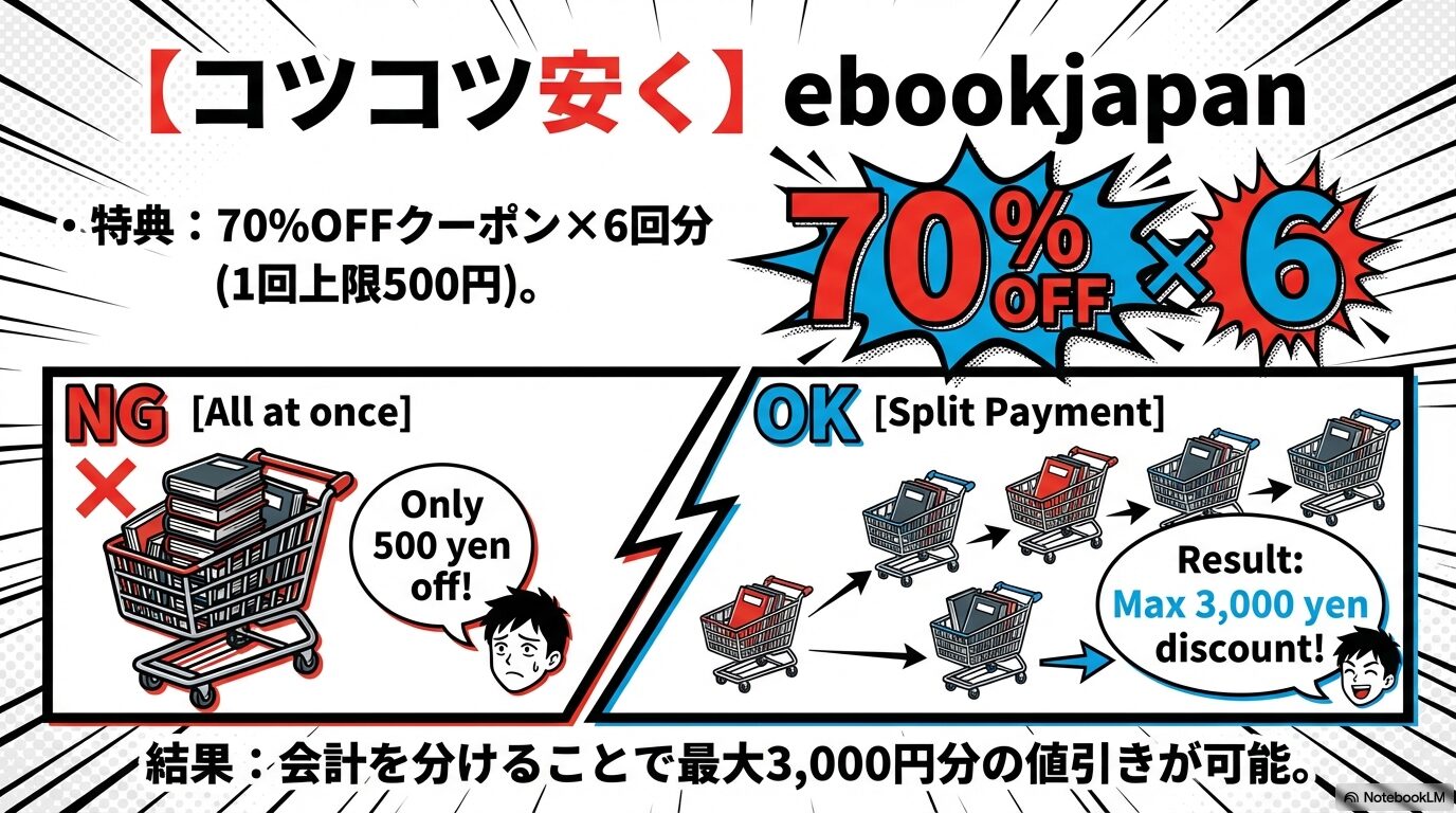 会計を分けることで70%OFFクーポンを最大限に活かし、最大3,000円分の値引きを受ける方法のOK例とNG例