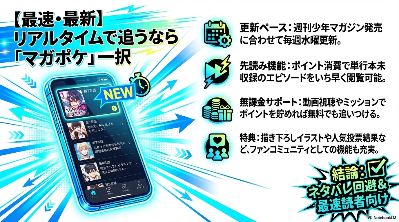 マガポケの毎週水曜更新、先読み機能、無課金サポート、ファン特典などの特徴をまとめたスライド。