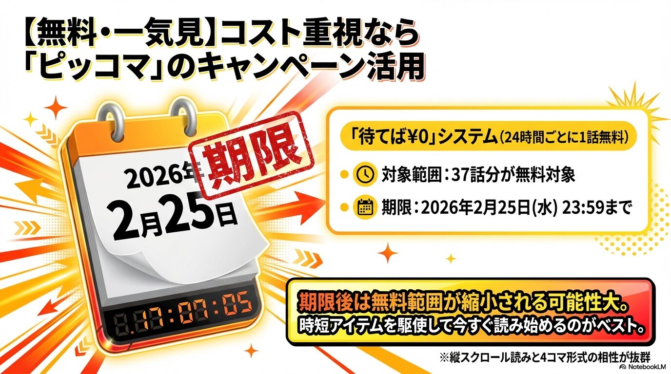 2026年2月25日まで実施されているピッコマの「生徒会にも穴はある！」37話分無料キャンペーンの図解。