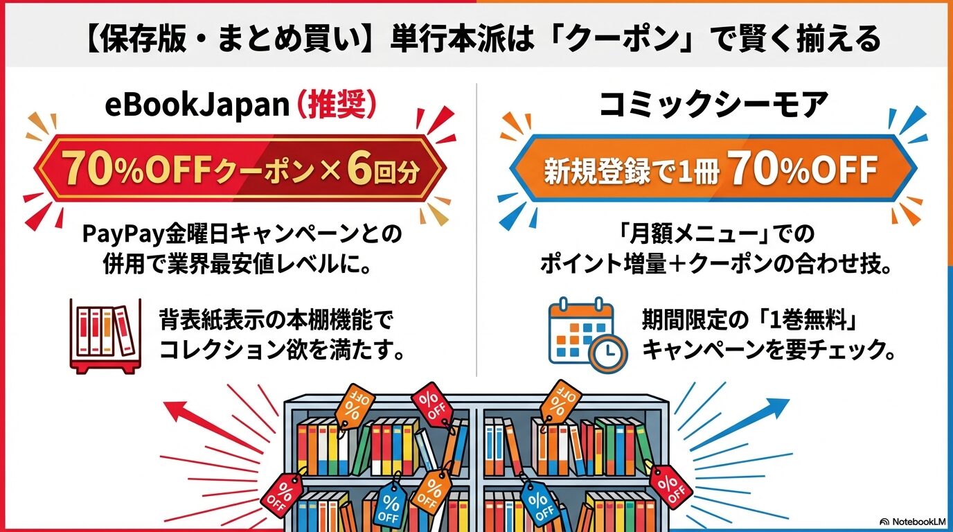 eBookJapanの70%OFFクーポン6回分と、コミックシーモアの新規登録特典を比較したまとめ買いガイド。