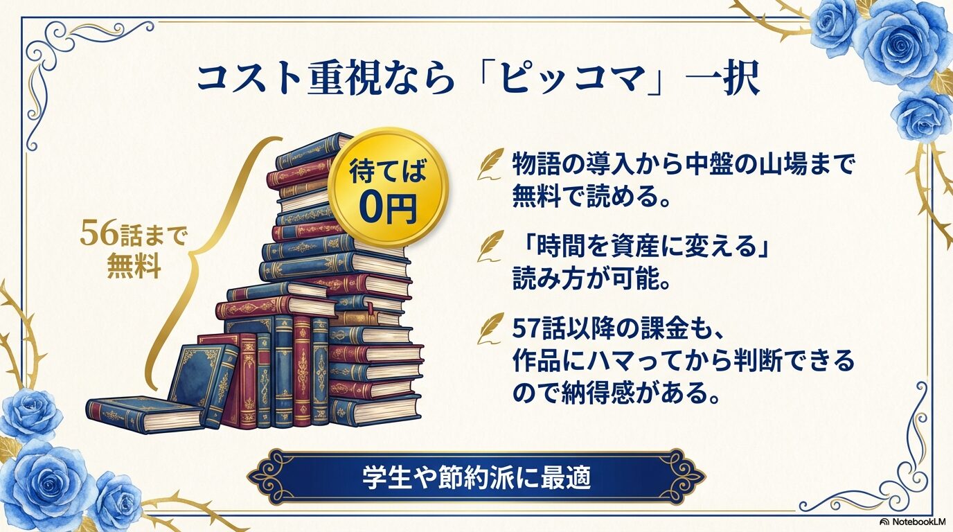 ピッコマなら「待てば0円」で56話まで無料で読める。コスト重視派や学生、節約派に最適であることを説明するスライド。