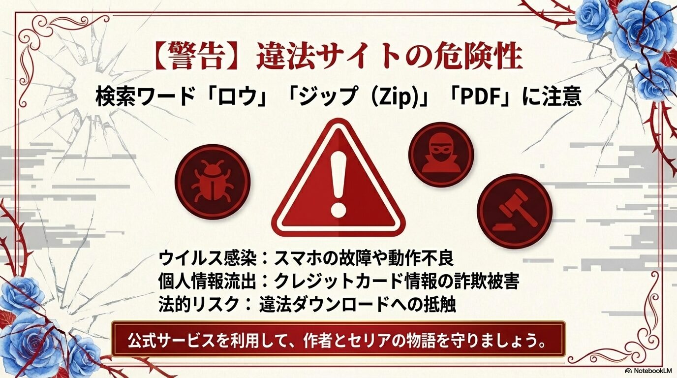 違法サイトによるウイルス感染、個人情報流出、法的リスクの3大リスクを警告し、公式サービスの利用を促すスライド。