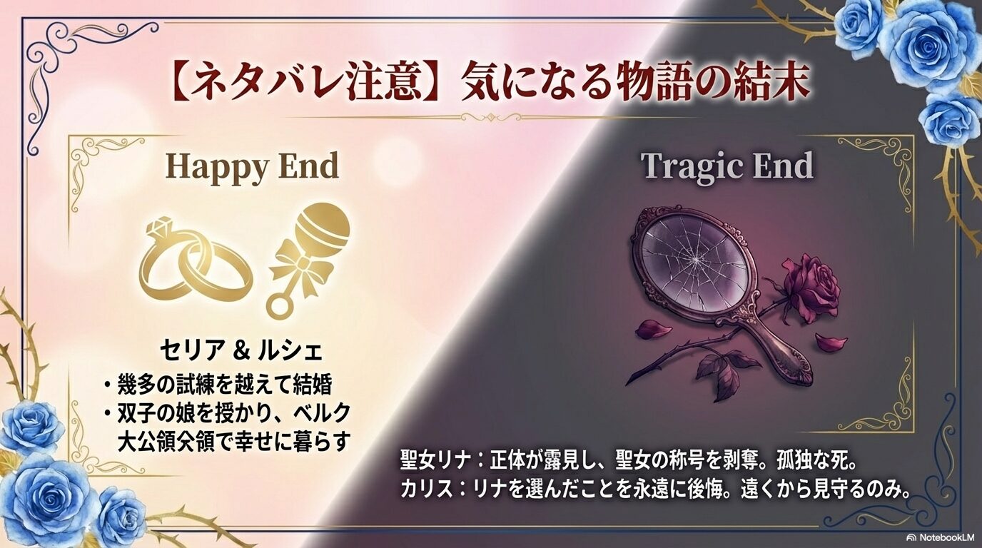 セリアとルシェのハッピーエンド（結婚・双子の誕生）と、聖女リナやカリスの悲劇的な結末をまとめたネタバレ解説スライド。
