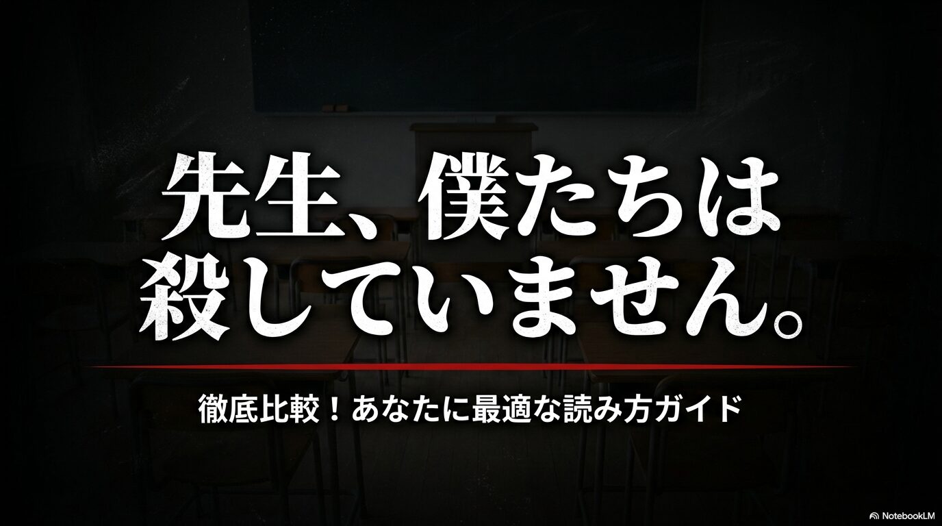 漫画「先生、僕たちは殺していません。」をどこで読むべきか、タイプ別に最適サービスを比較したガイド資料の表紙。