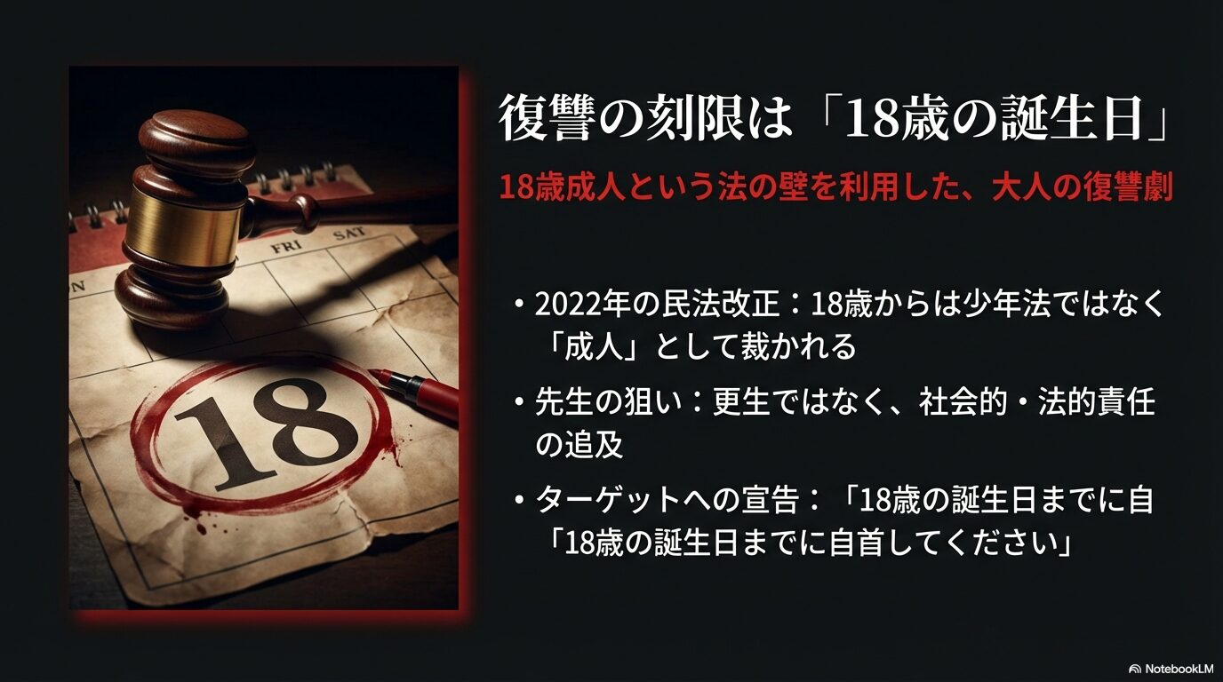 2022年の民法改正により18歳から成人として裁かれる法的背景。先生が更生ではなく社会的・法的責任を追及する狙いを図解。