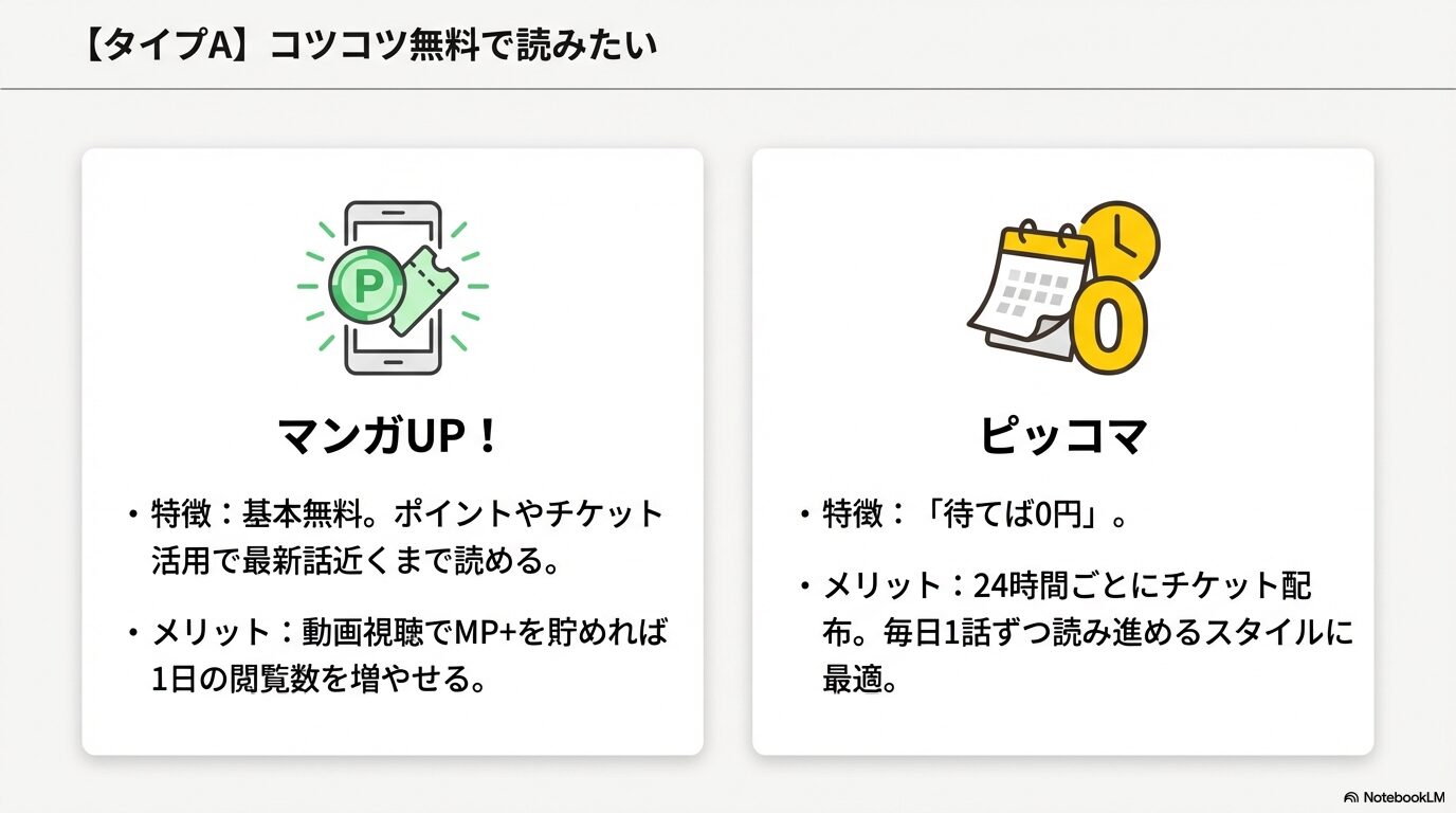 マンガUP!のポイント活用とピッコマの「待てば0円」機能の特徴をまとめたスライド。毎日コツコツ読み進めるメリットを解説。