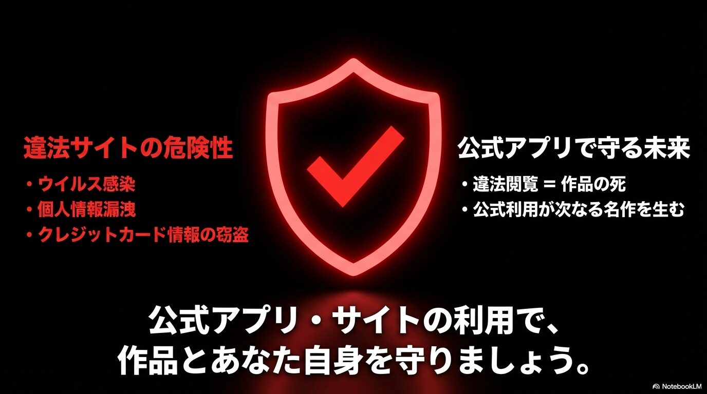 ウイルス感染や個人情報漏洩などの違法サイトのリスク。公式アプリを利用することが作品を守り、次なる名作を生むという啓発図。