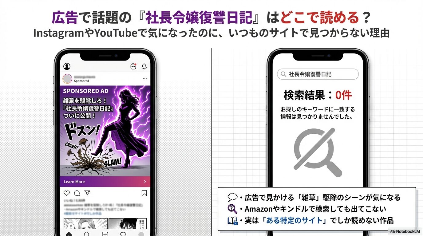 社長令嬢復讐日記のSNS広告と、検索しても見つからない状況を示すイメージ