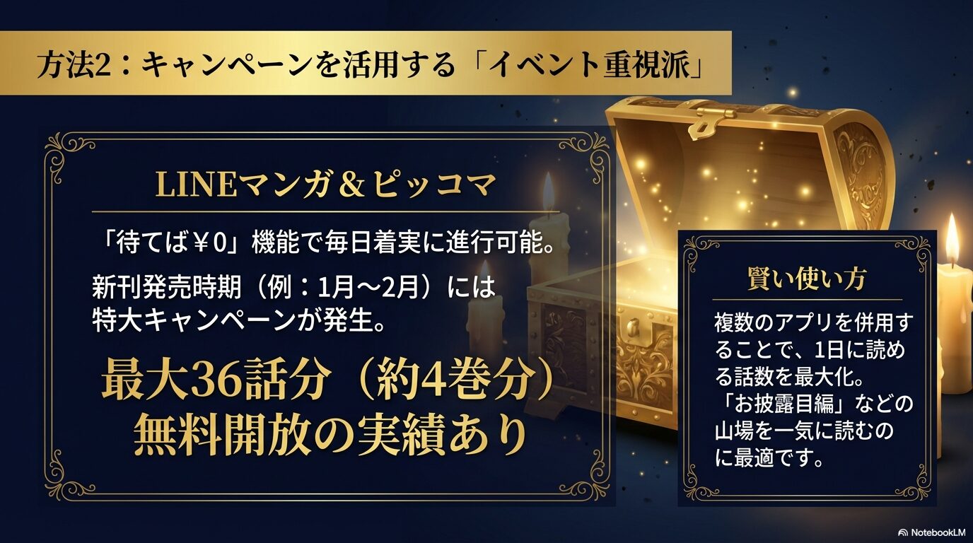LINEマンガとピッコマの「待てば0円」機能や、新刊発売時の無料開放キャンペーンの実績を説明するスライド