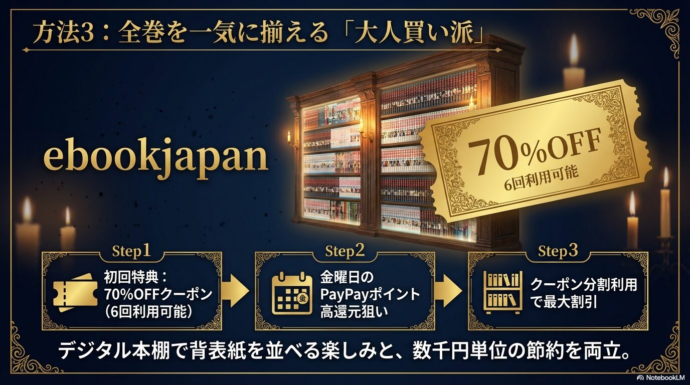 ebookjapanの70%OFFクーポンと金曜日のPayPayポイント還元を組み合わせて最大割引を受ける手順を示したスライド