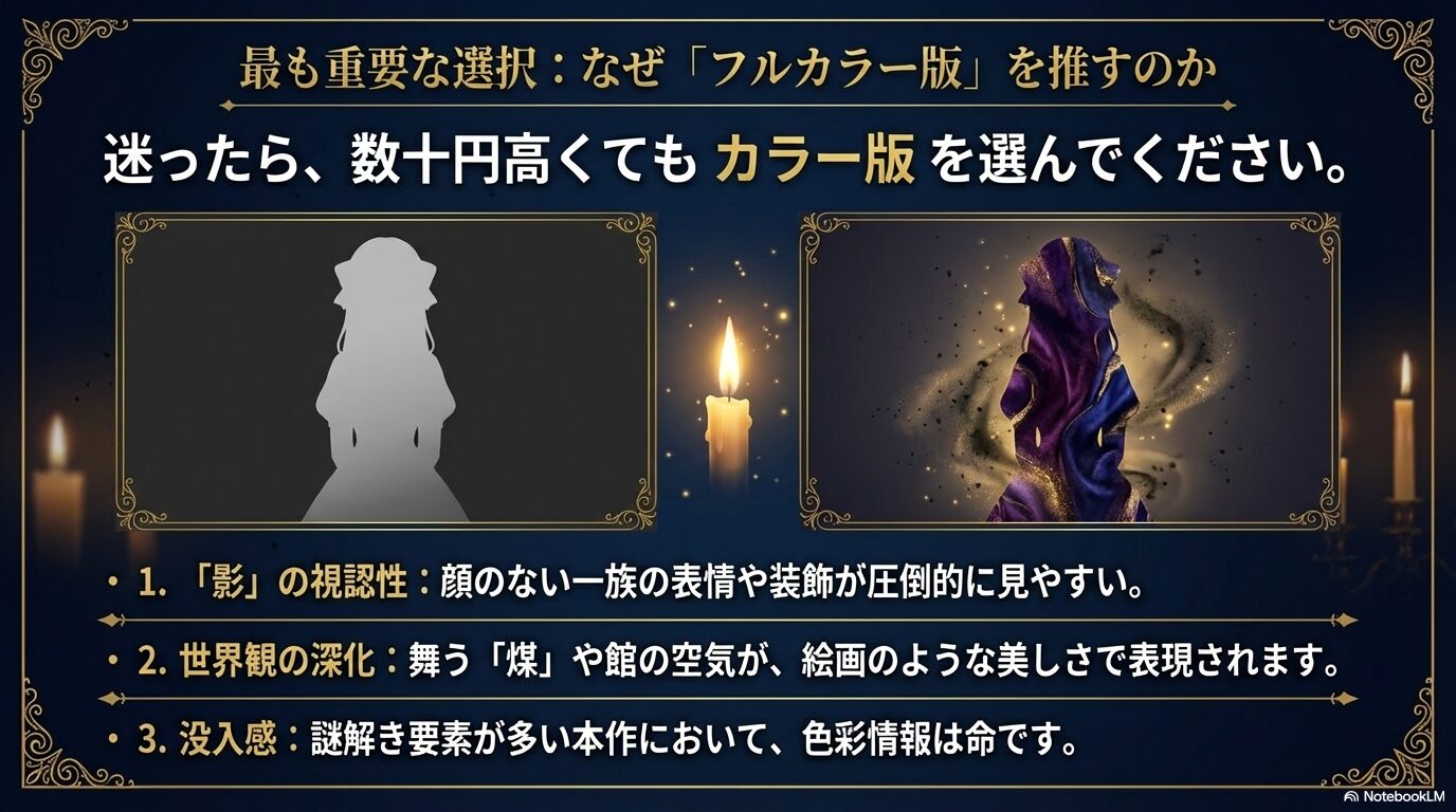 カラー版による影の視認性向上、世界観の深化、没入感の向上について説明するスライド