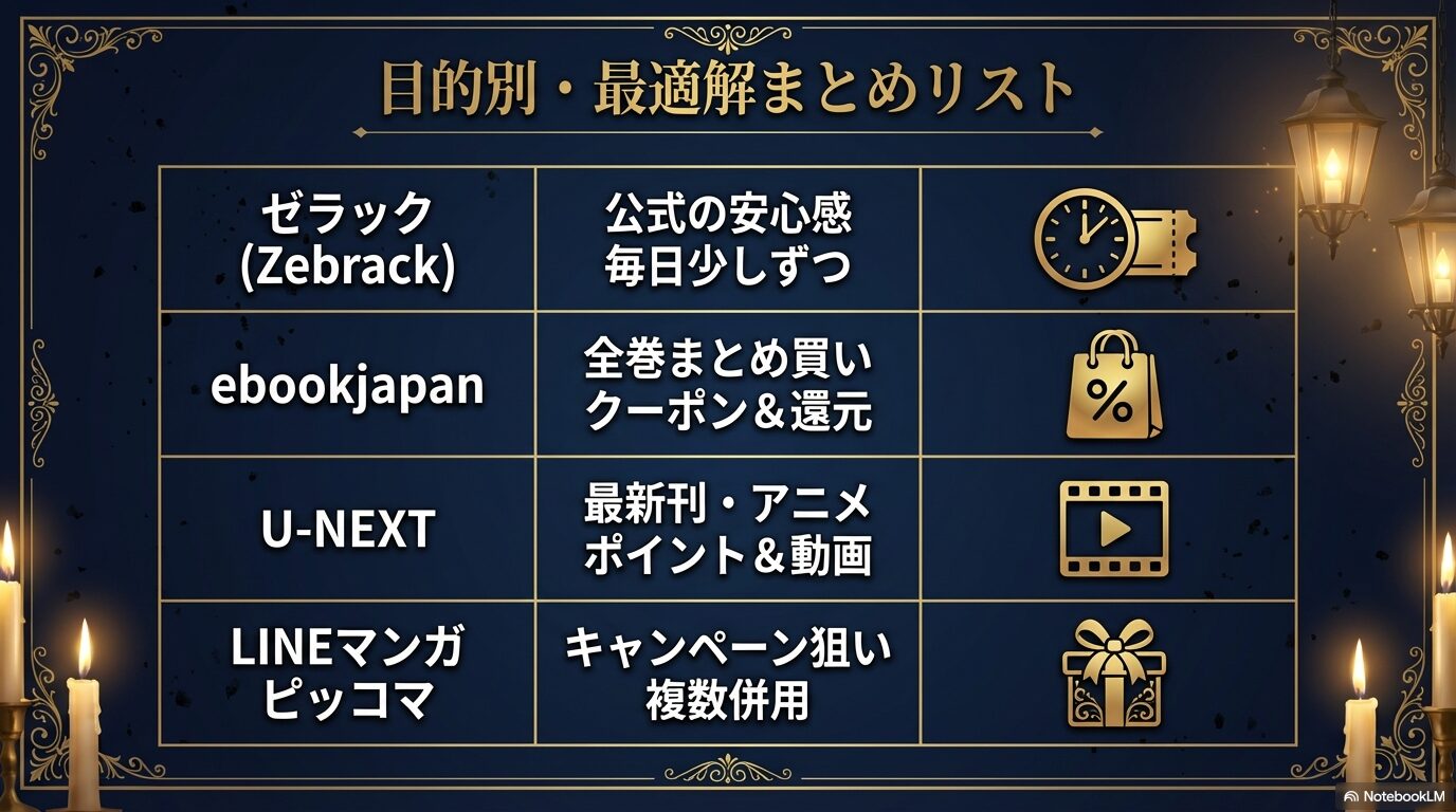 ゼラック、ebookjapan、U-NEXT、LINEマンガ、ピッコマを目的別に整理したまとめリストスライド