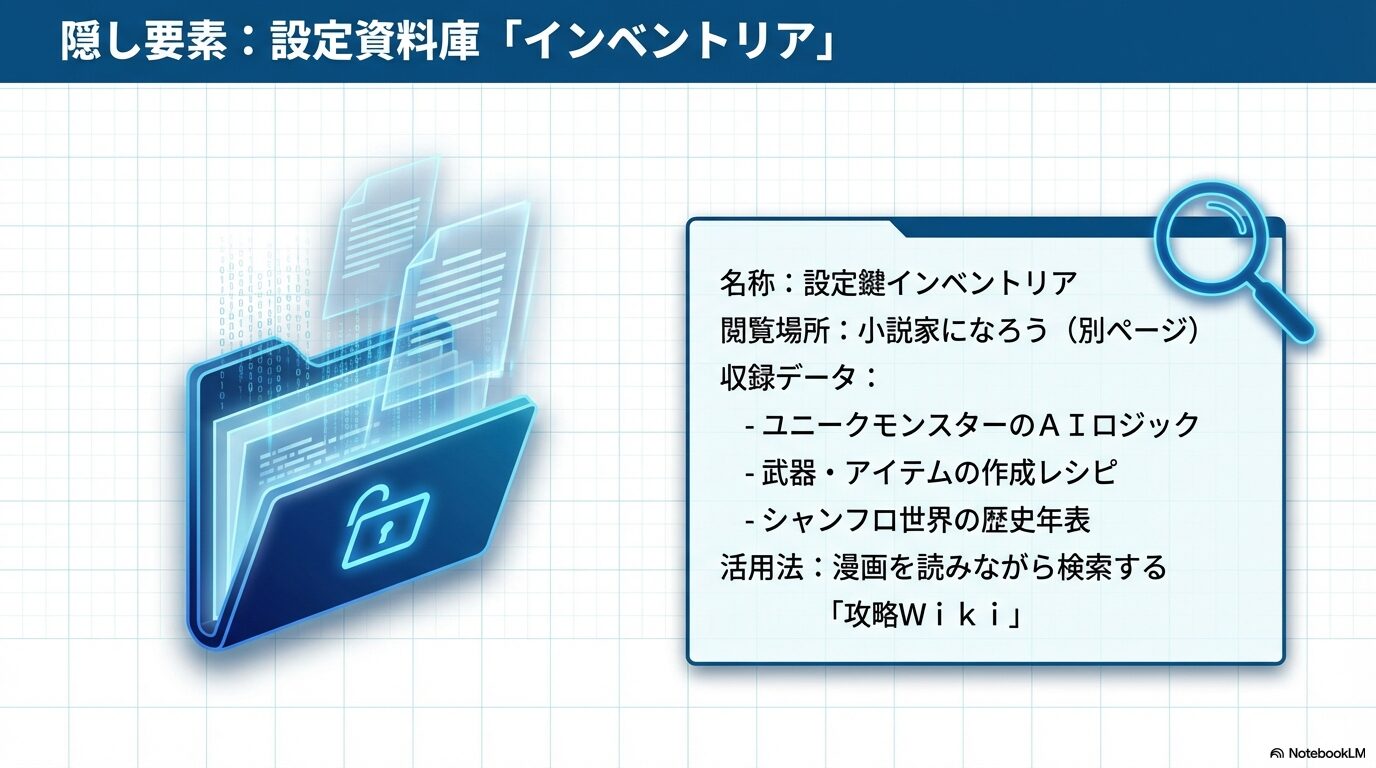 モンスターのAIロジックや武器レシピが載っている設定資料庫「インベントリア」の紹介