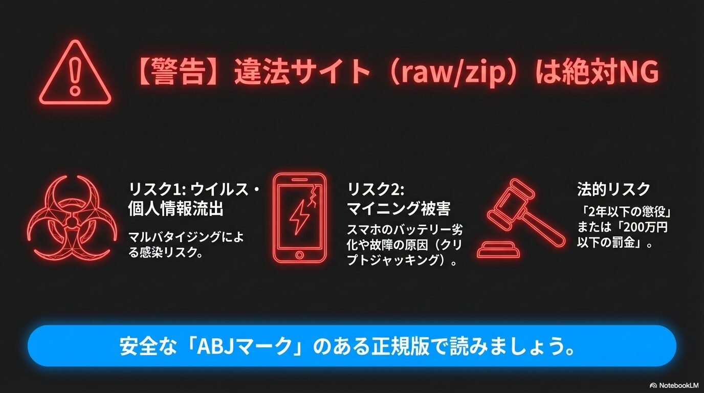 : 漫画違法サイト(raw/zip)利用によるウイルス感染と法的リスクの警告
