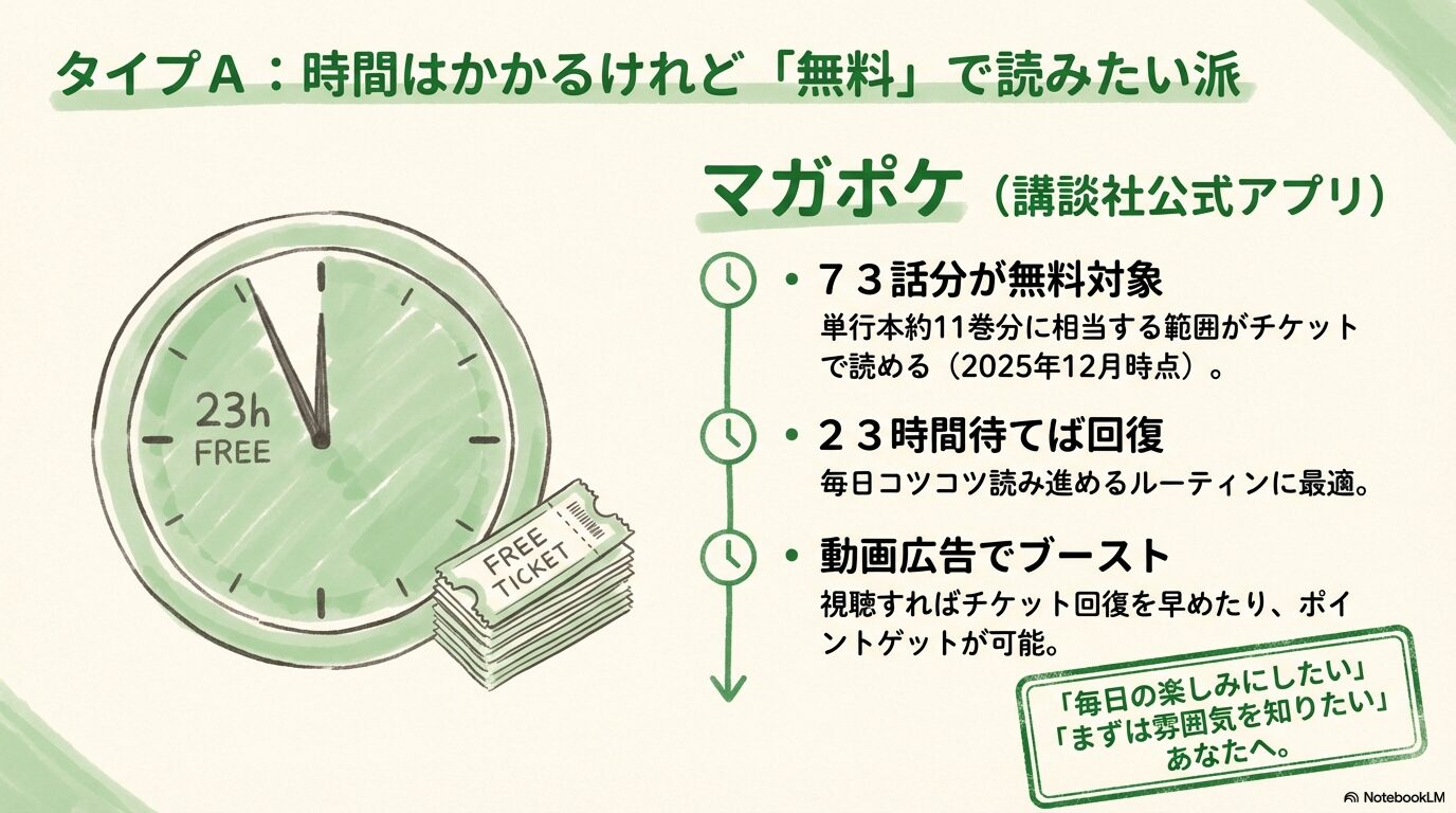 講談社公式アプリ「マガポケ」の紹介。73話分が無料対象で、23時間待てばチケットが回復する仕組みの解説。