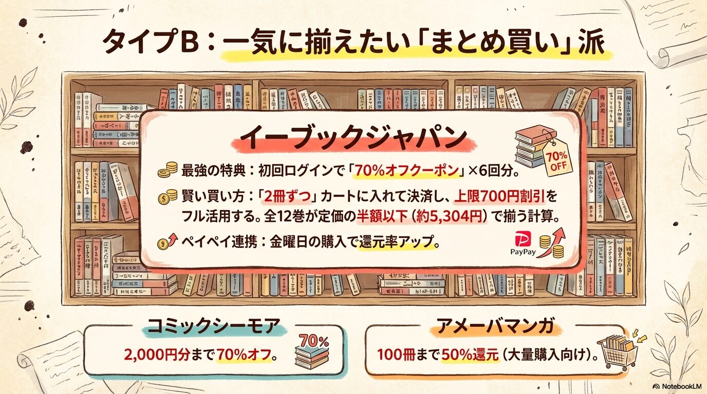 イーブックジャパンの70%オフクーポン活用術や、コミックシーモア、アメーバマンガの初回特典比較。