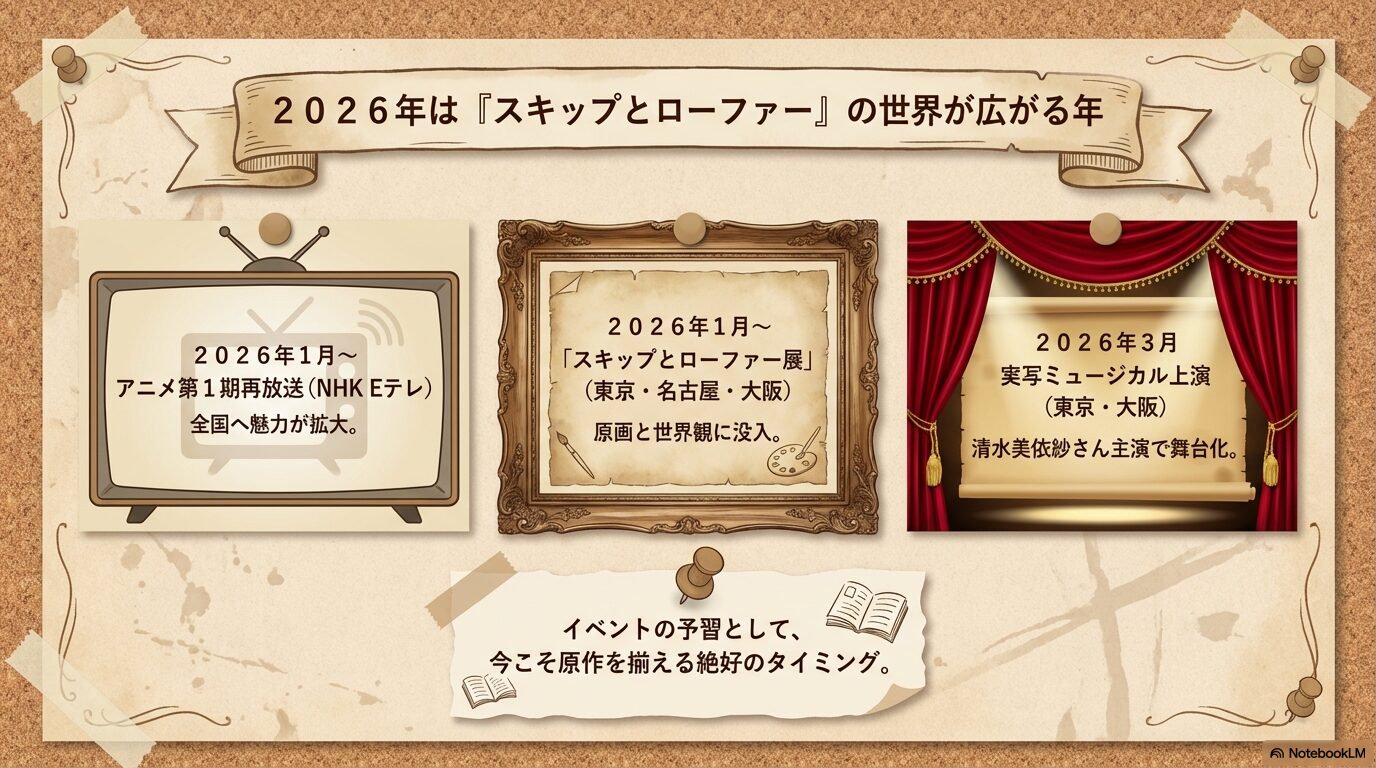 2026年のアニメ再放送、スキップとローファー展、実写ミュージカル上演などの最新メディアミックス情報まとめ。