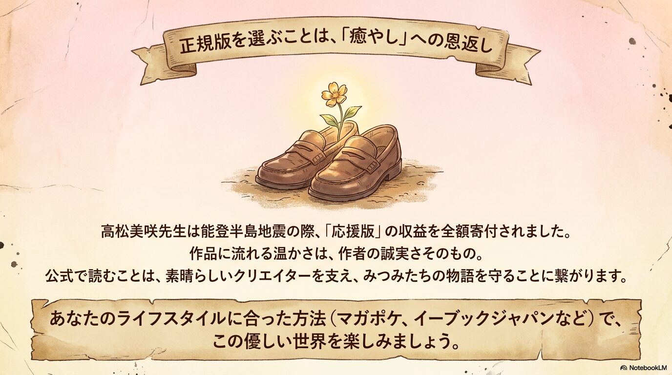 ローファーから花が咲いているイラスト。正規版を選ぶことがクリエイターへの支援になるというメッセージ。