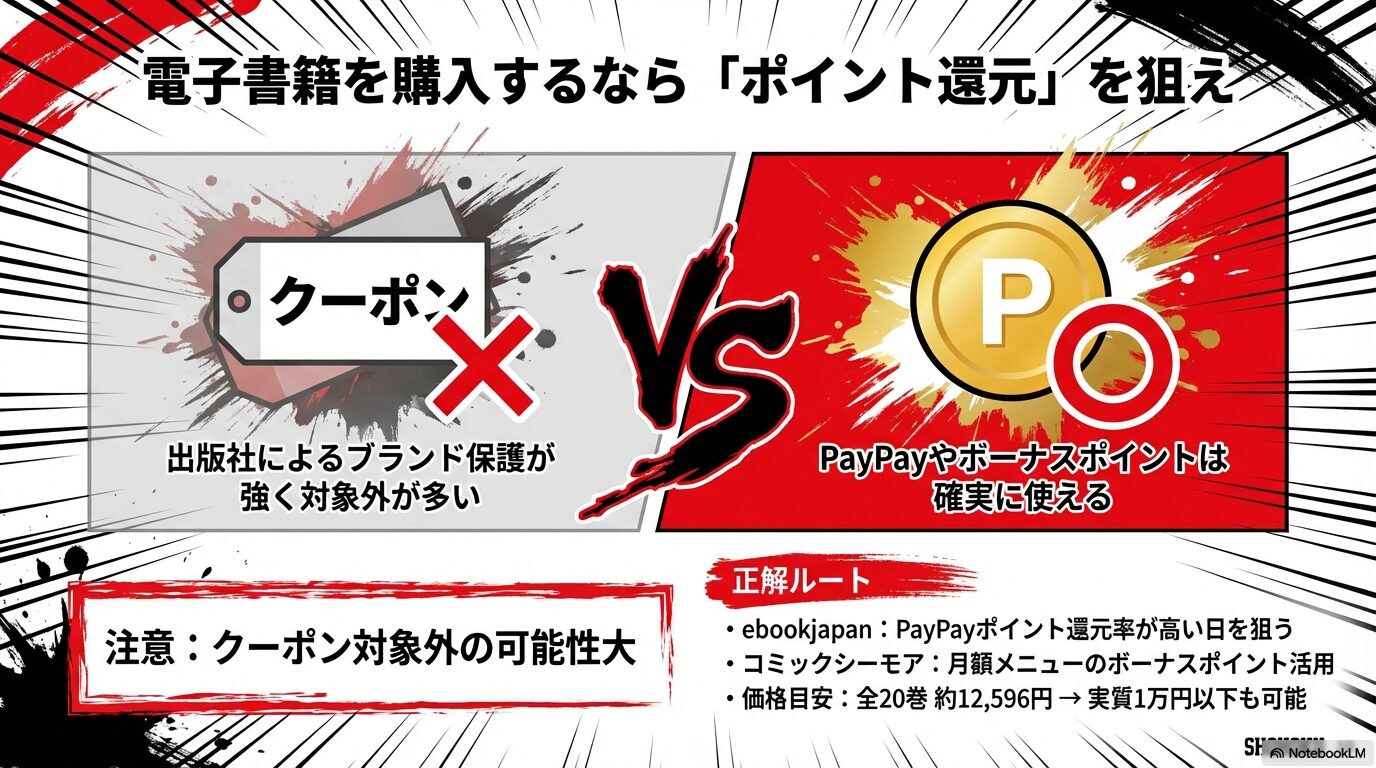 スラムダンクはクーポン対象外が多いため、PayPayやボーナスポイント還元を狙う正解ルートを解説したスライド画像。