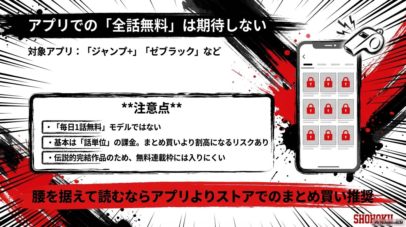 ジャンプ+やゼブラックなどのアプリでは毎日1話無料モデルではなく話単位課金が基本であることを説明するスライド画像。