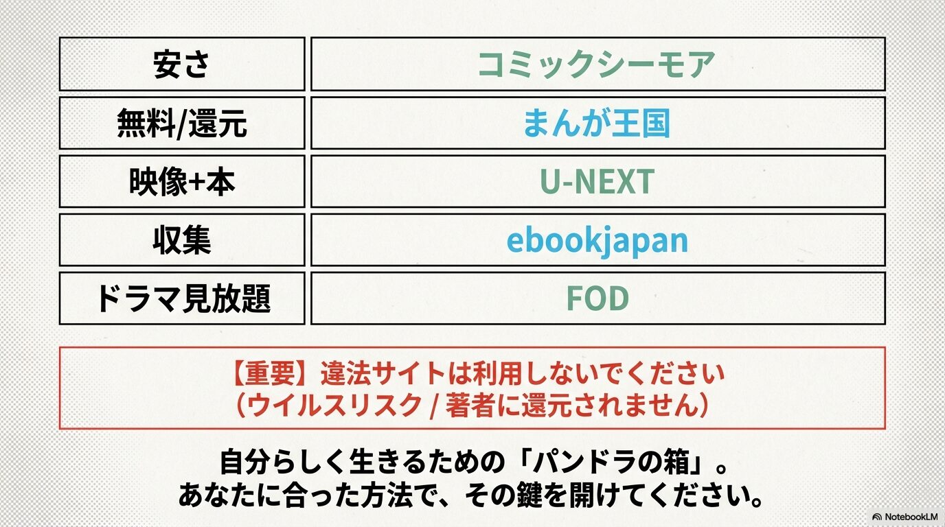 コミックシーモア(安さ)、まんが王国(無料/還元)、U-NEXT(映像+本)、ebookjapan(収集)、FOD(ドラマ見放題)のまとめ一覧表。違法サイトのリスク喚起も含む画像。