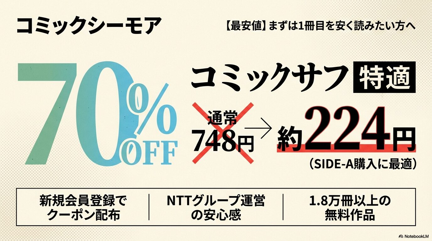 コミックシーモアの新規会員登録で配布される70%OFFクーポンを利用し、通常748円の単行本SIDE-Aを約224円で購入できることを説明したお得な料金表画像。