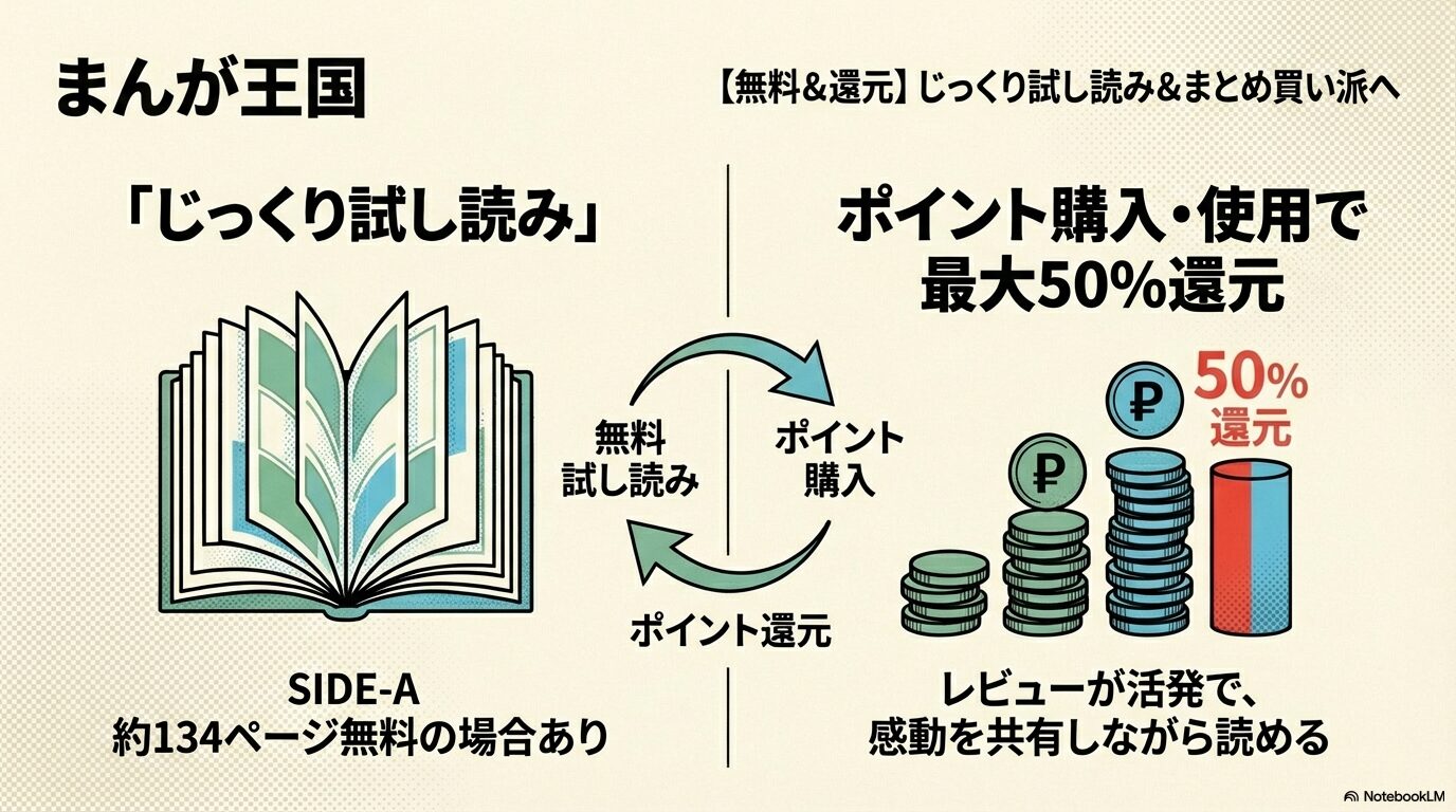 まんが王国の「じっくり試し読み」機能や、ポイント購入・使用で最大50%還元されるシステムを解説した画像。SIDE-Aが約134ページ無料になるケースも紹介。